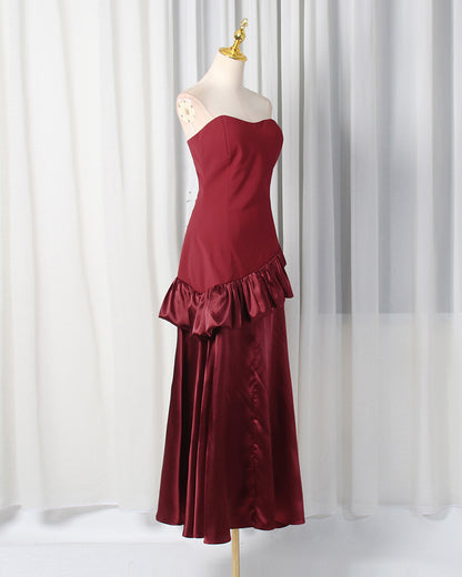 Burgundy Strapless Ruffle Satin Midi Dress