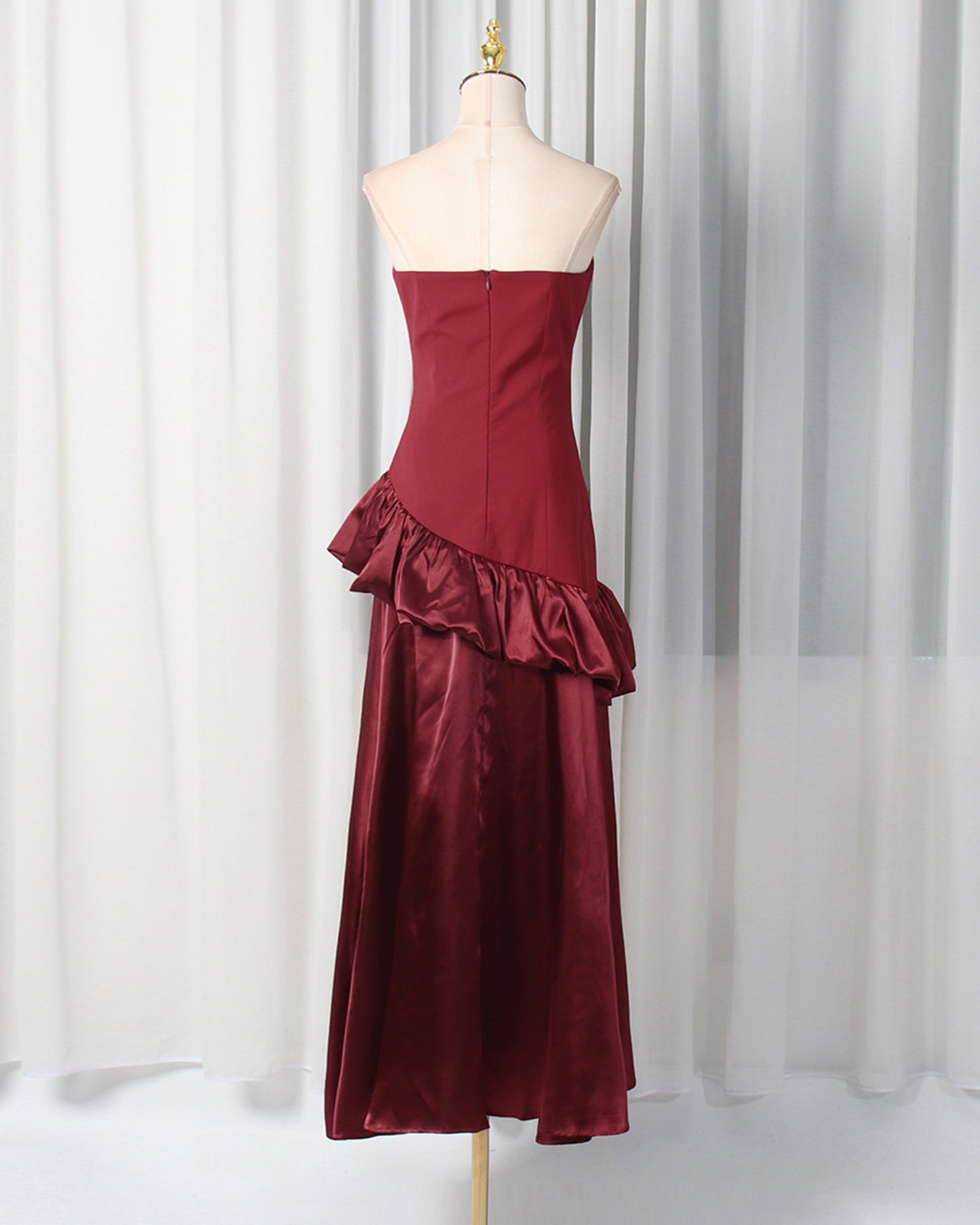 Burgundy Strapless Ruffle Satin Midi Dress