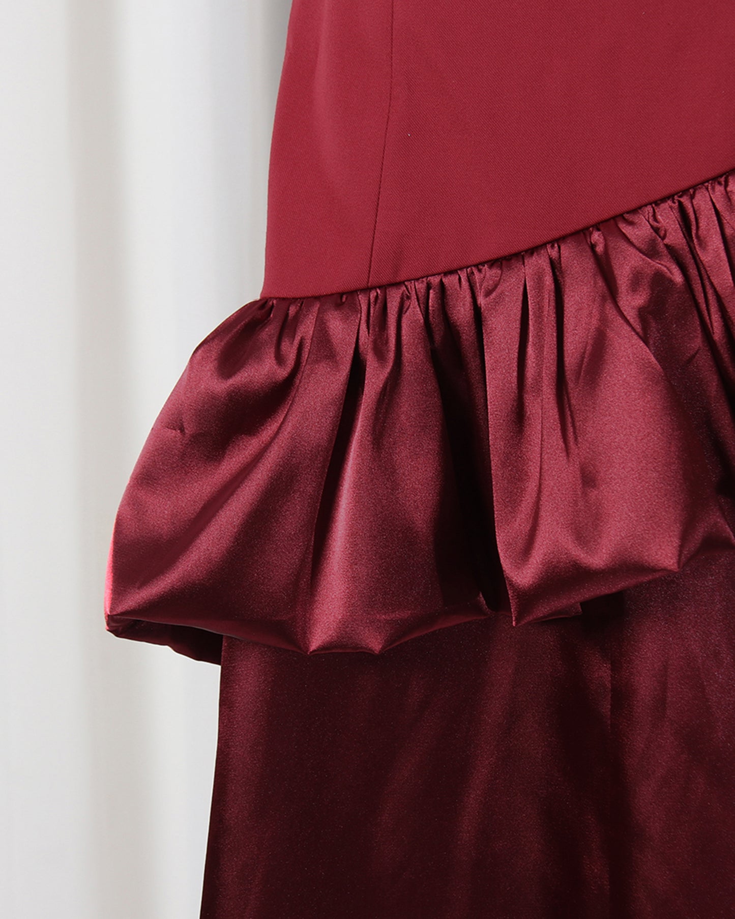Burgundy Strapless Ruffle Satin Midi Dress