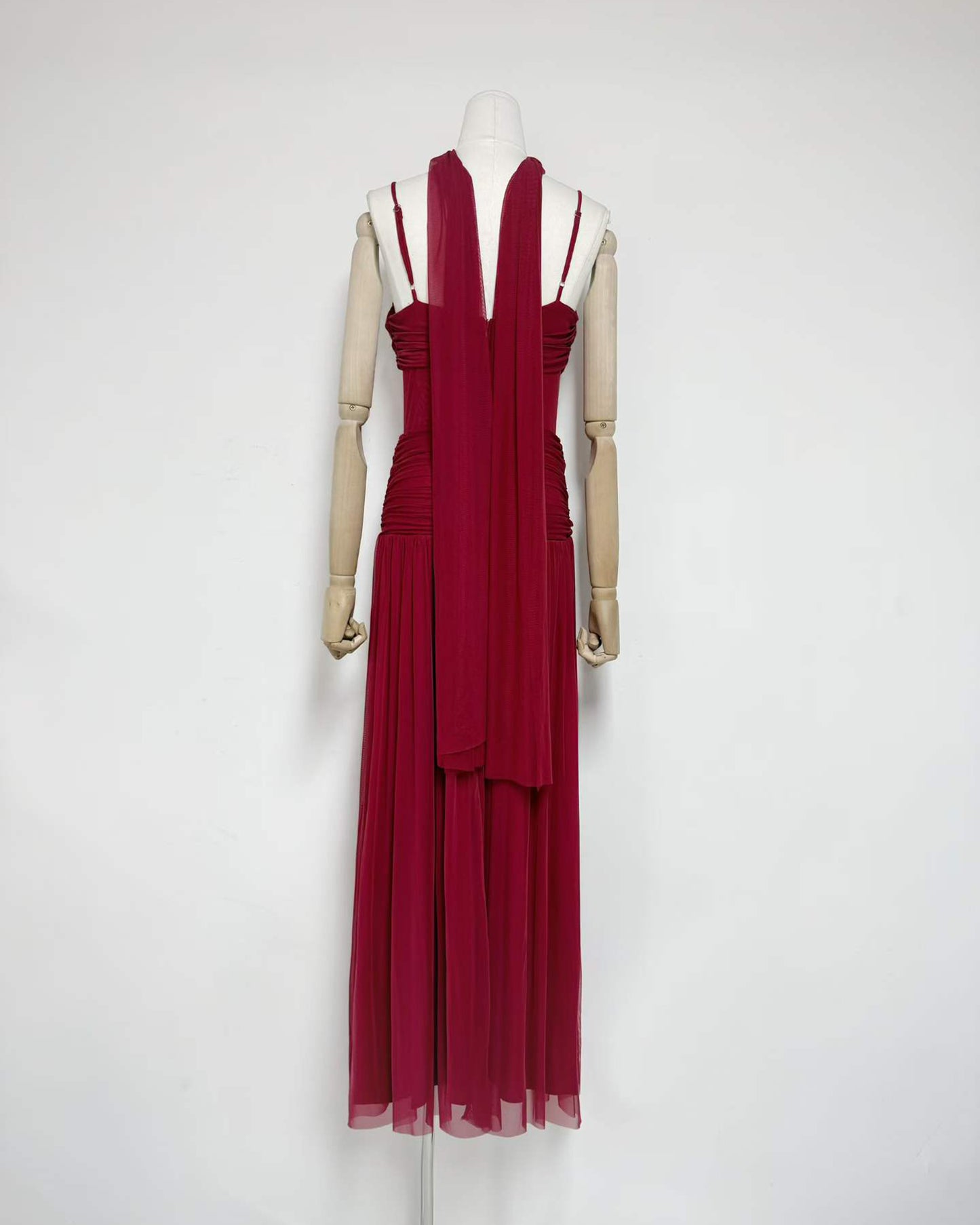 Burgundy Twist Knot Mesh Maxi Dress