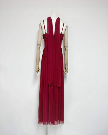 Burgundy Twist Knot Mesh Maxi Dress
