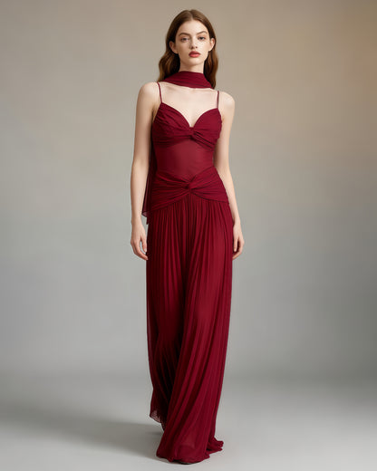 Burgundy Twist Knot Mesh Maxi Dress