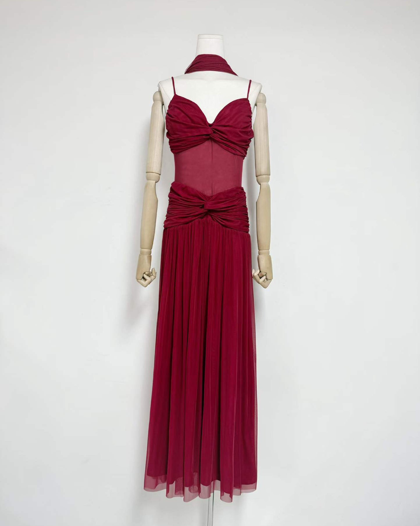 Burgundy Twist Knot Mesh Maxi Dress