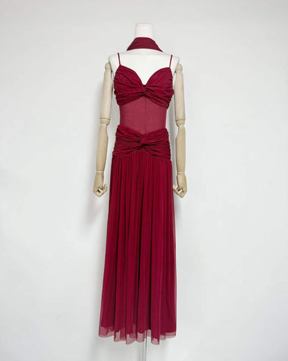 Burgundy Twist Knot Mesh Maxi Dress