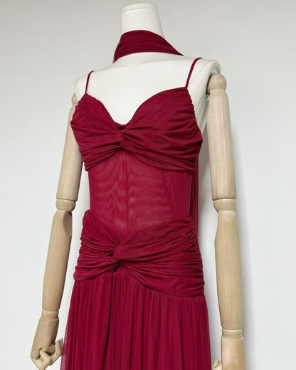 Burgundy Twist Knot Mesh Maxi Dress