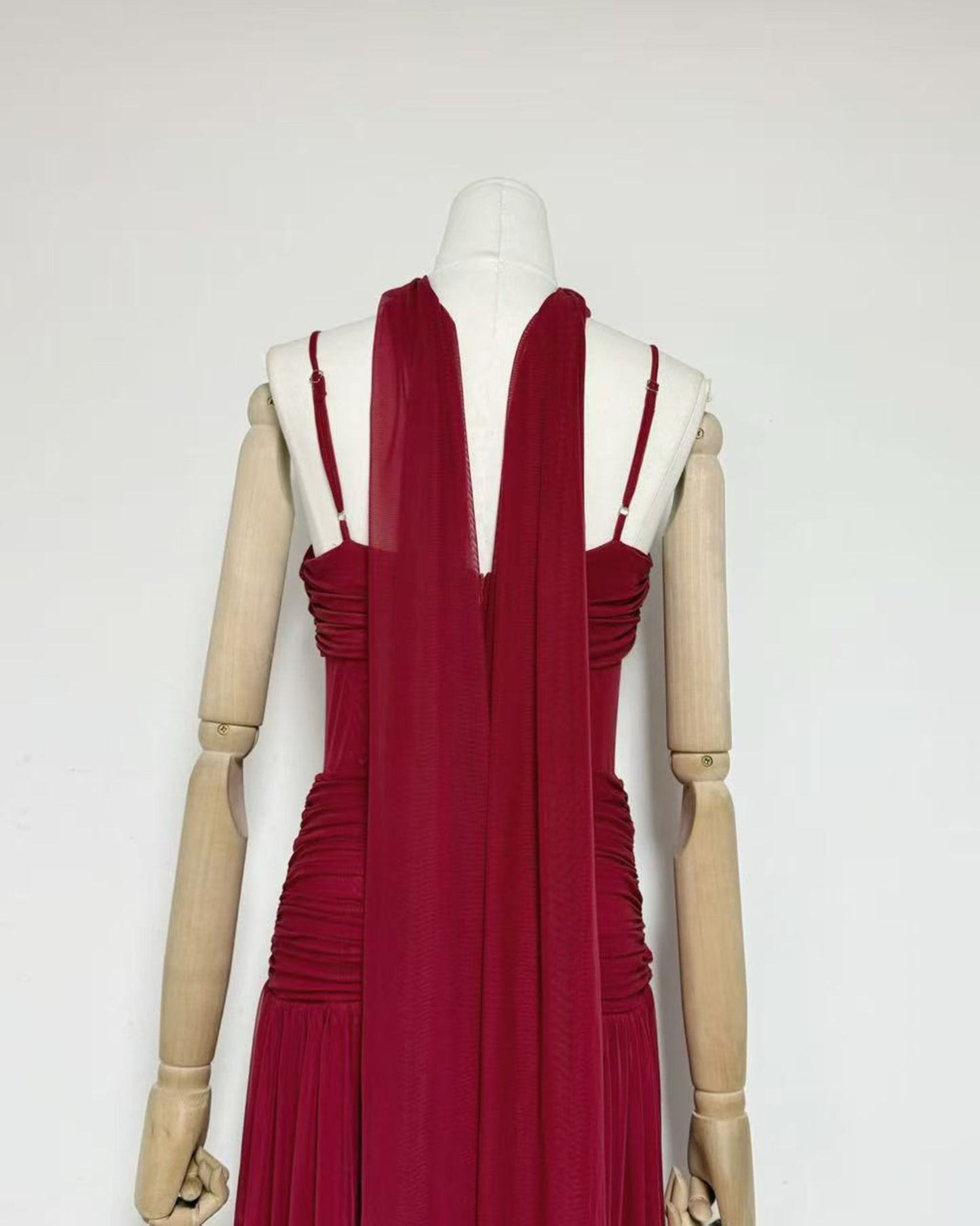 Burgundy Twist Knot Mesh Maxi Dress