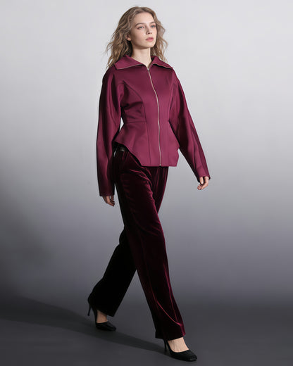 Burgundy Zip-Up Peplum Jacket