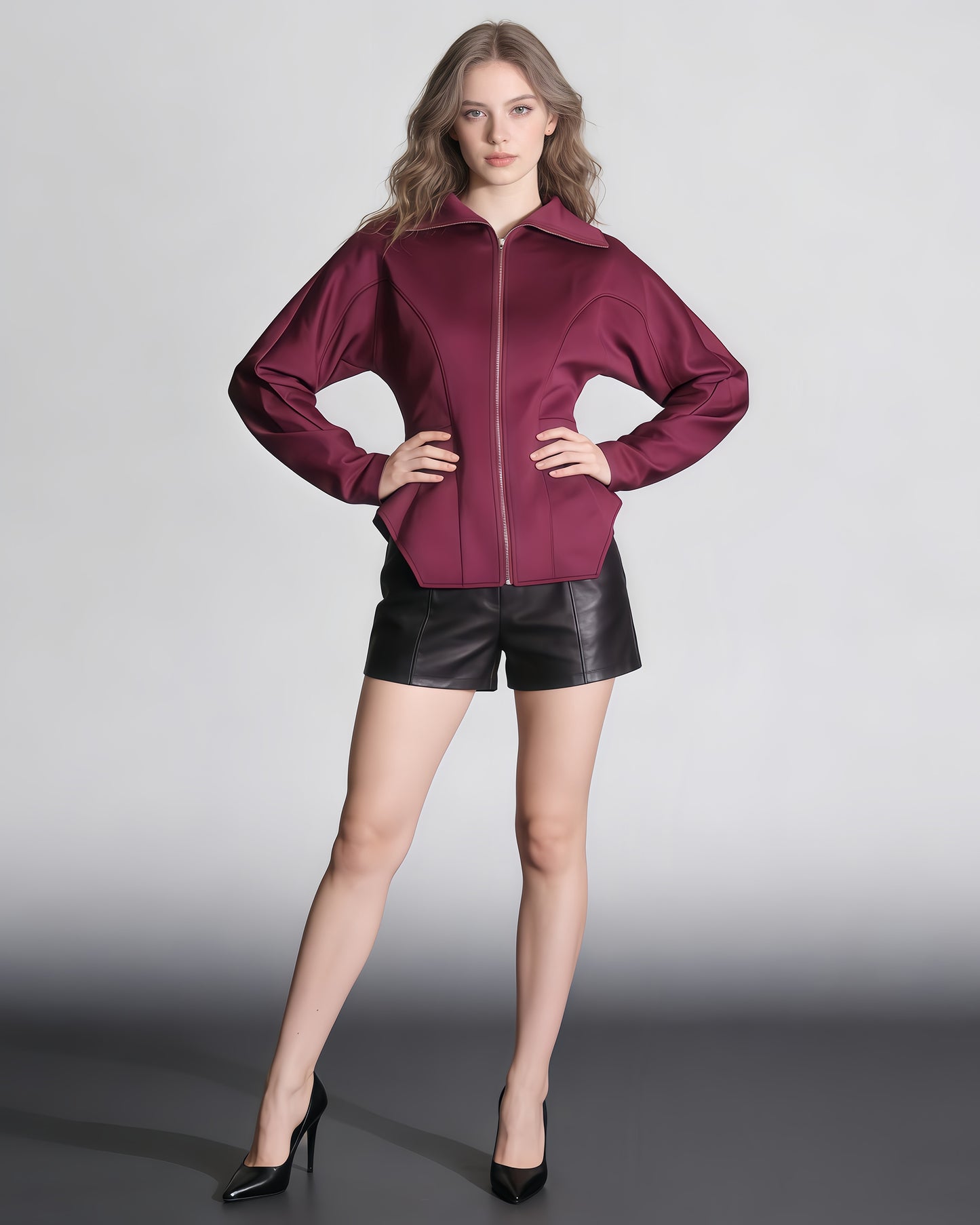 Burgundy Zip-Up Peplum Jacket