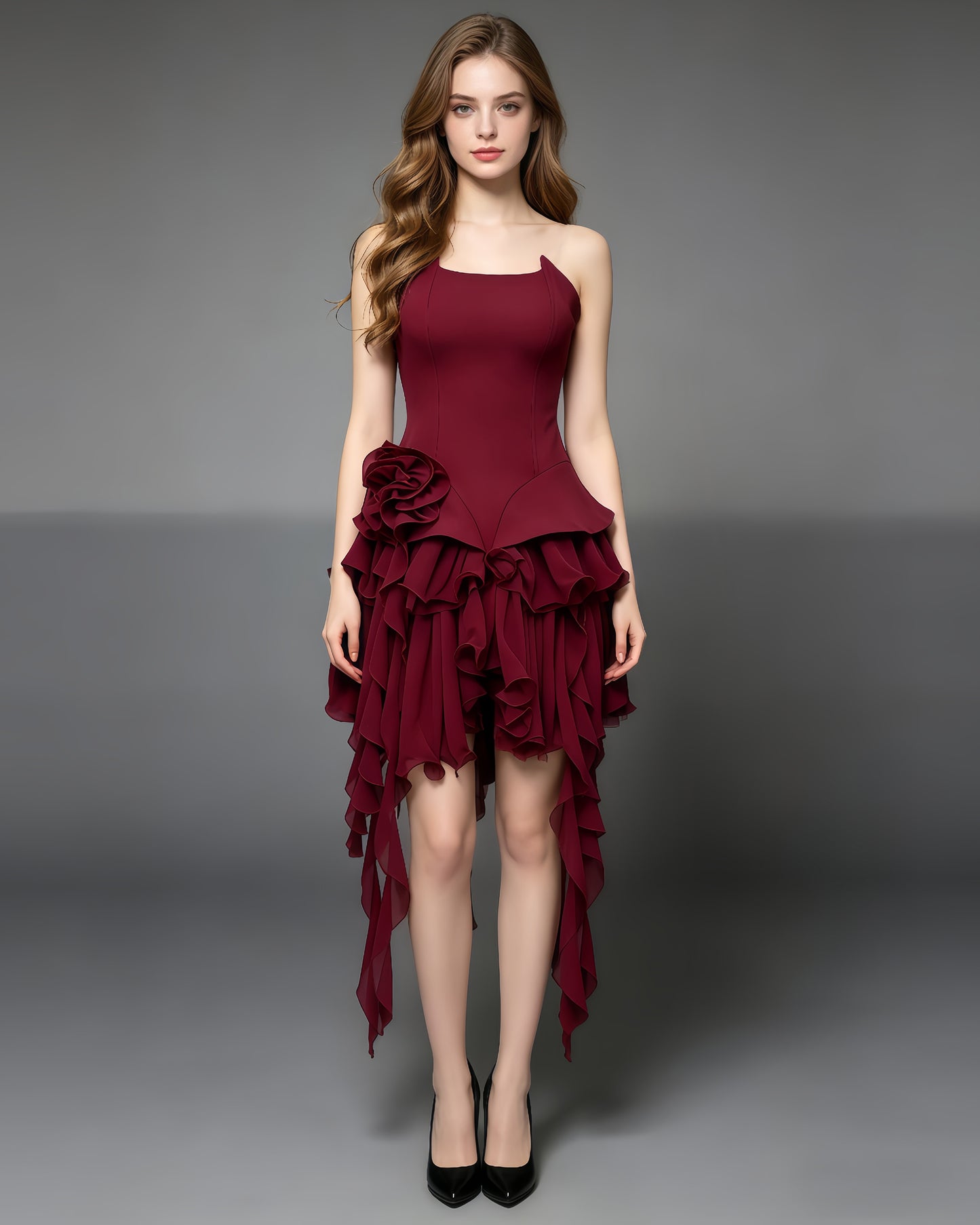 Burgundy 3D Flower Asymmetric Ruffle Mini Dress