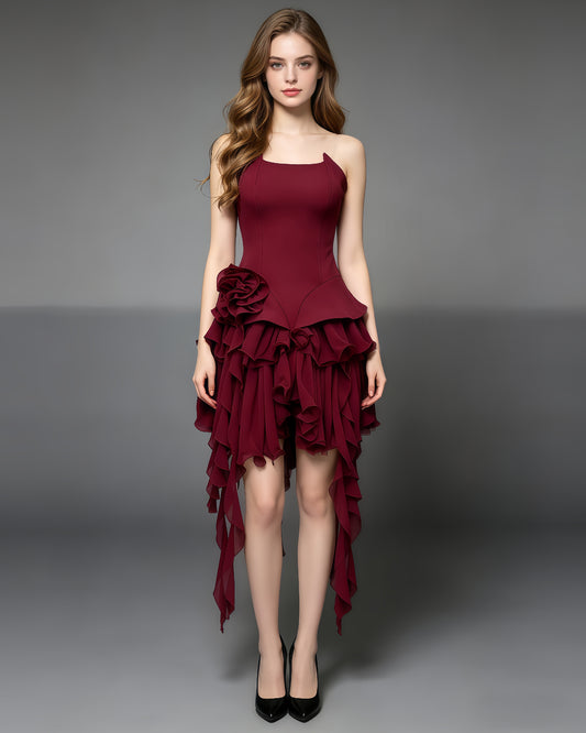 Burgundy 3D Flower Asymmetric Ruffle Mini Dress