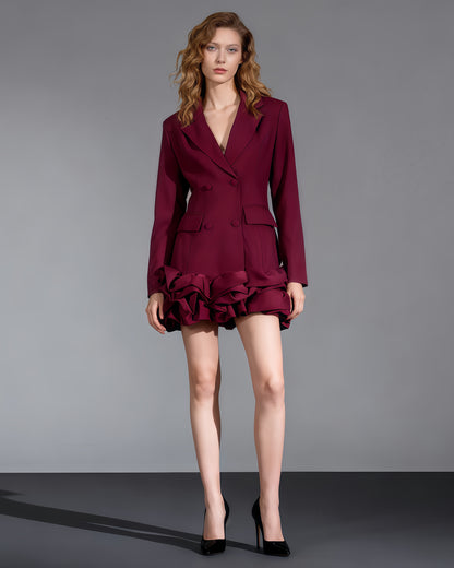 Burgundy Double-Breasted Ruffle Hem Mini Dress