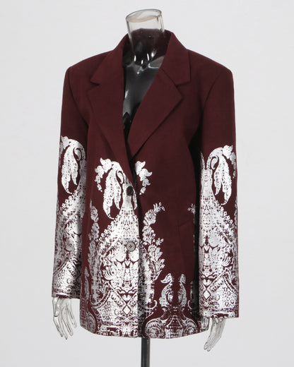 Burgundy & Silver Baroque Print Blazer