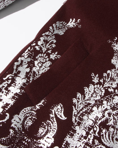 Burgundy & Silver Baroque Print Blazer