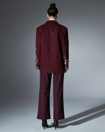 Burgundy & Silver Baroque Print Blazer