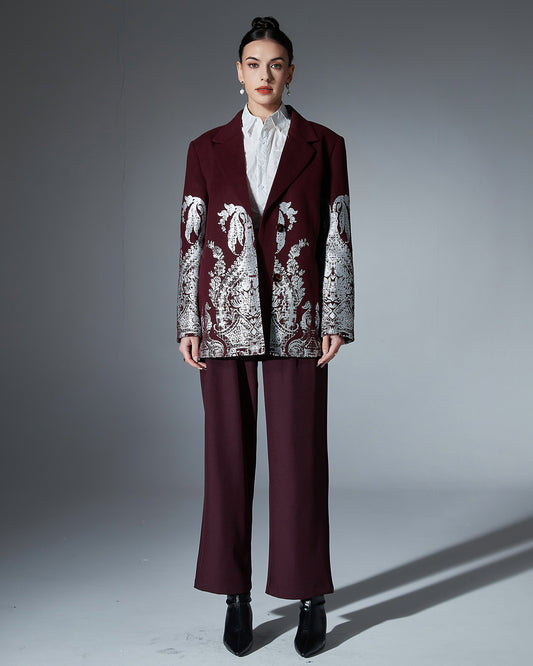 Burgundy & Silver Baroque Print Blazer