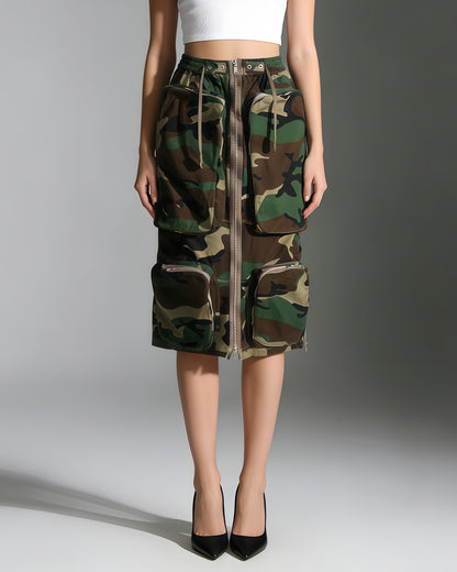 Camo Print Cargo Midi Skirt