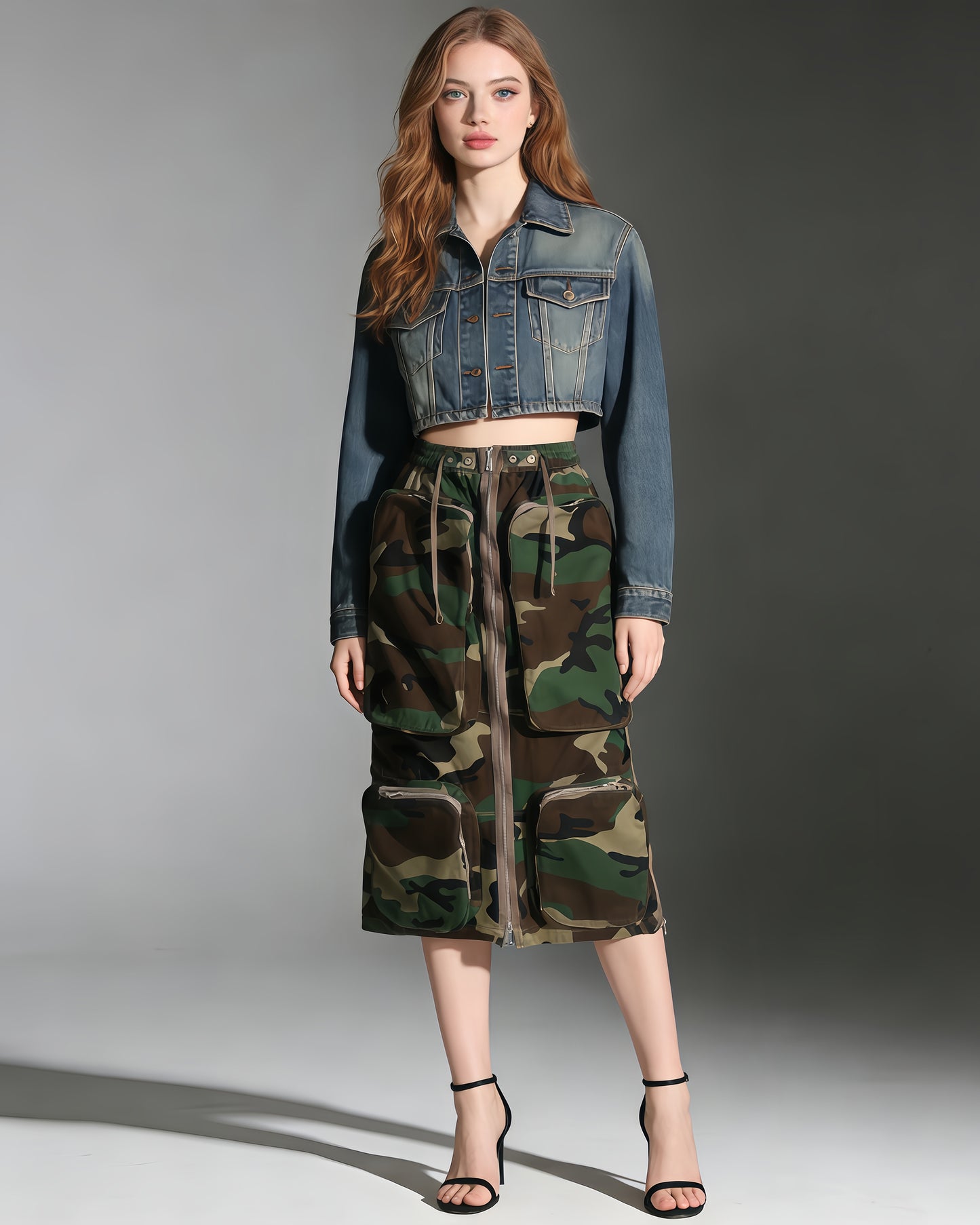 Camo Print Cargo Midi Skirt
