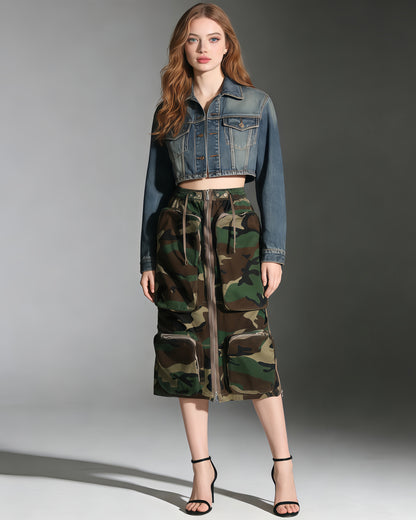 Camo Print Cargo Midi Skirt