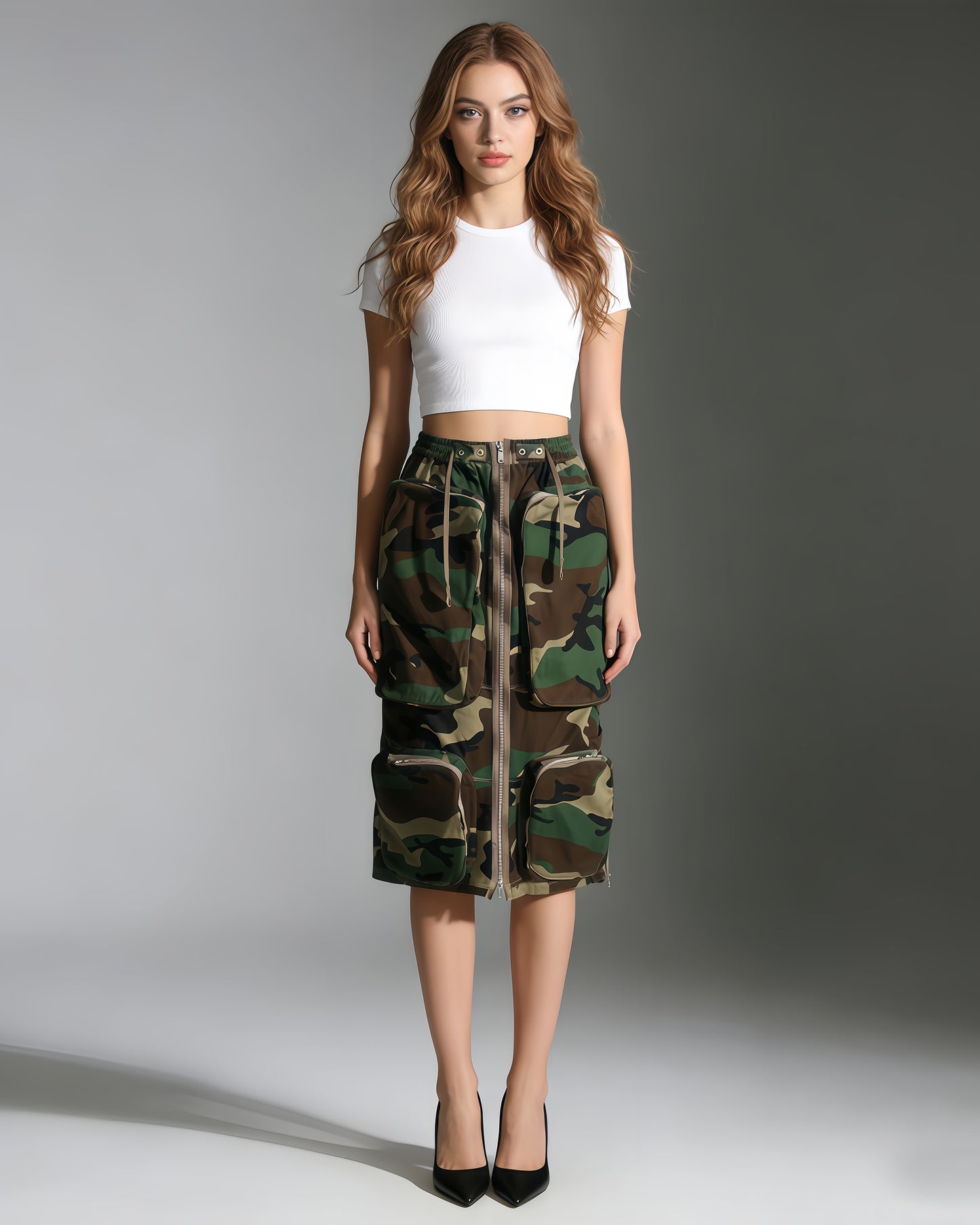 Camo Print Cargo Midi Skirt