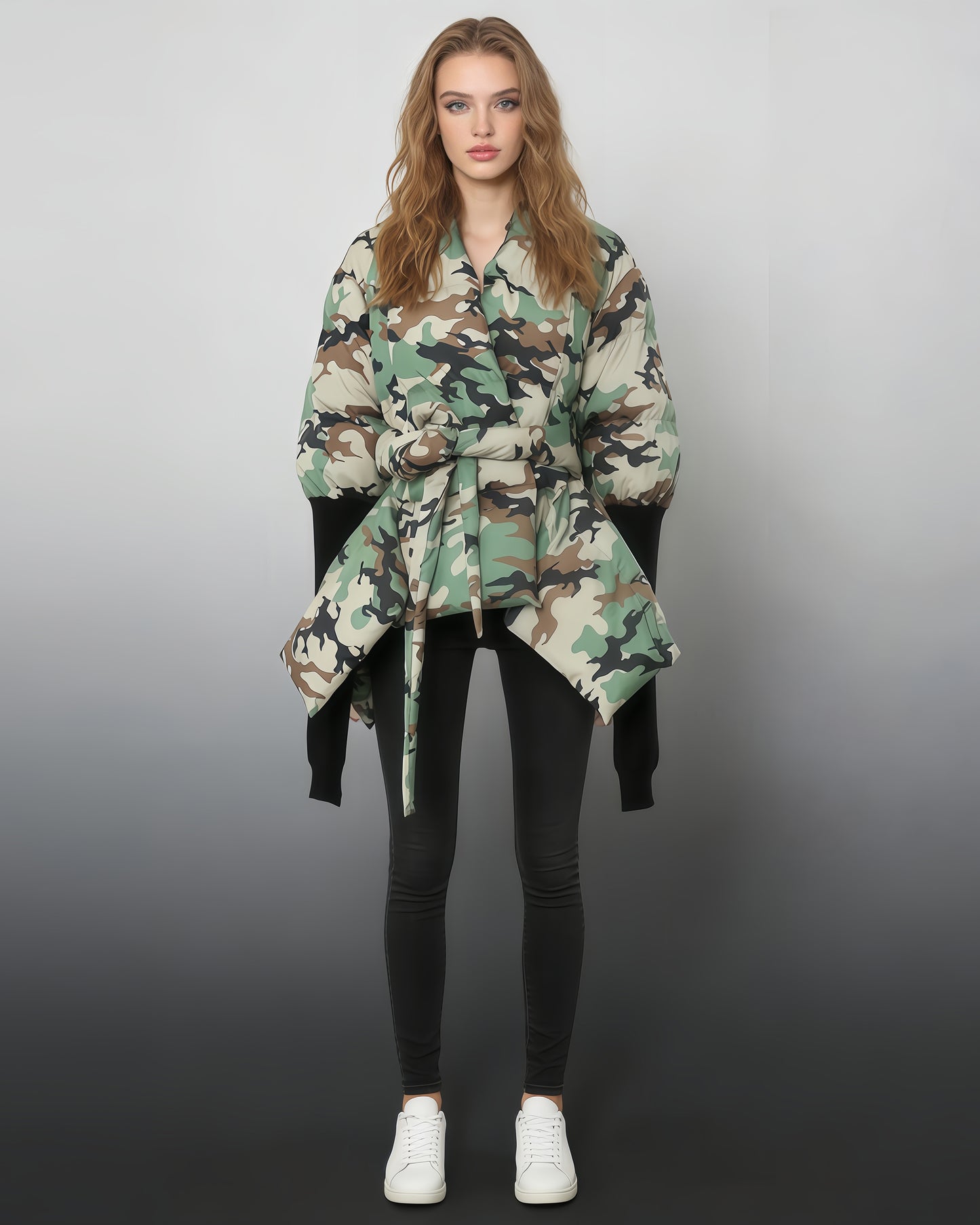 Camo Print Wrap Puffer Jacket with Tie Waist
