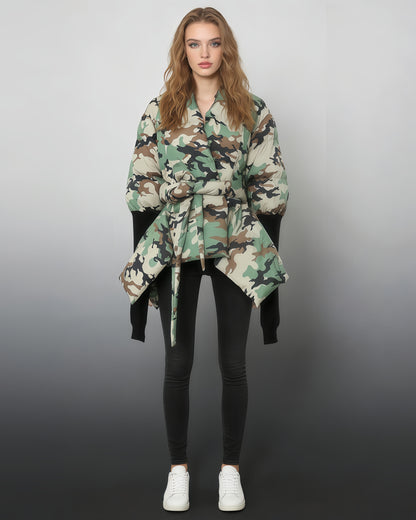 Camo Print Wrap Puffer Jacket with Tie Waist