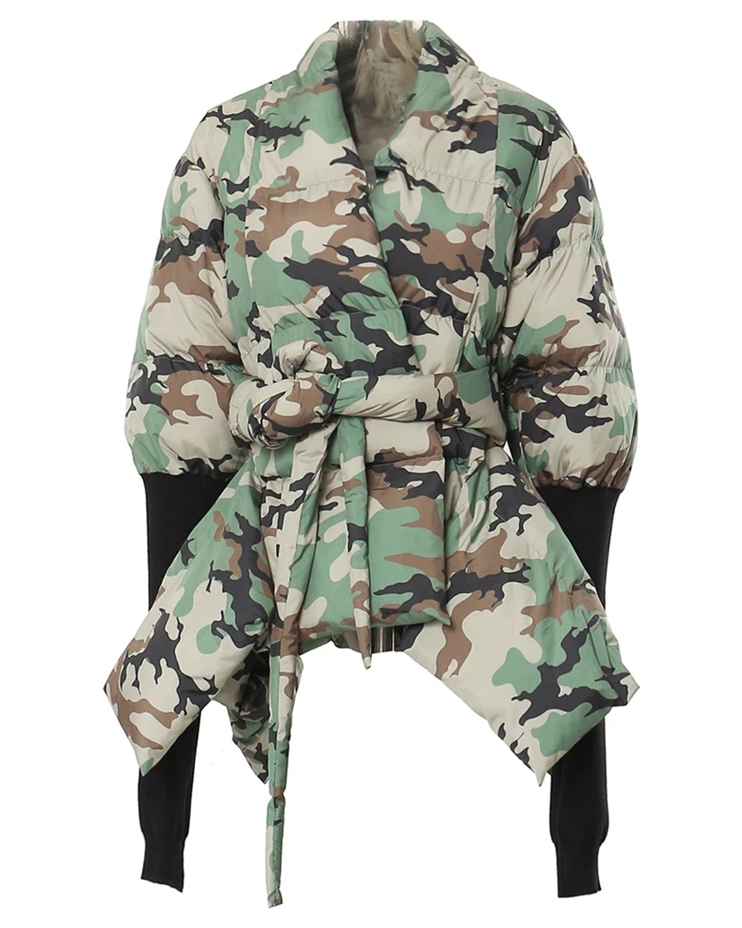 Camo Print Wrap Puffer Jacket with Tie Waist