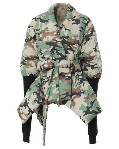 Camo Print Wrap Puffer Jacket with Tie Waist