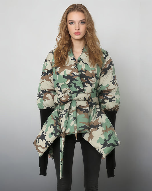 Camo Print Wrap Puffer Jacket with Tie Waist