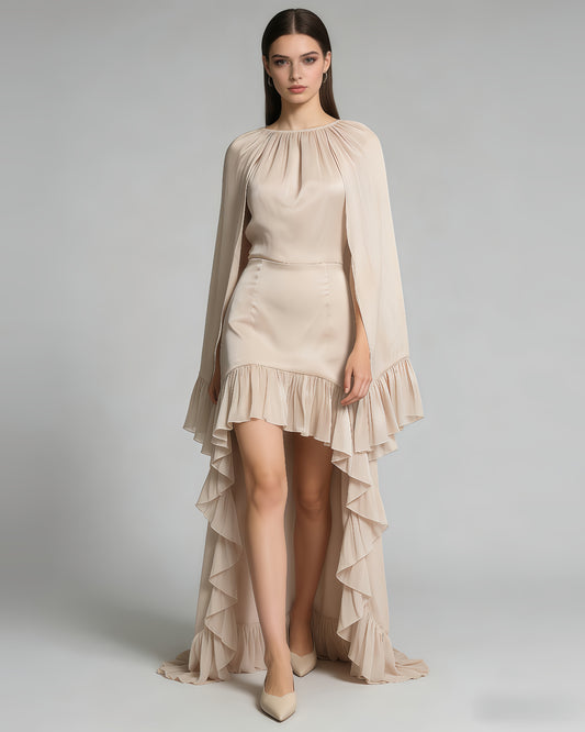 Champagne Cape-Style High-Low Ruffled Gown
