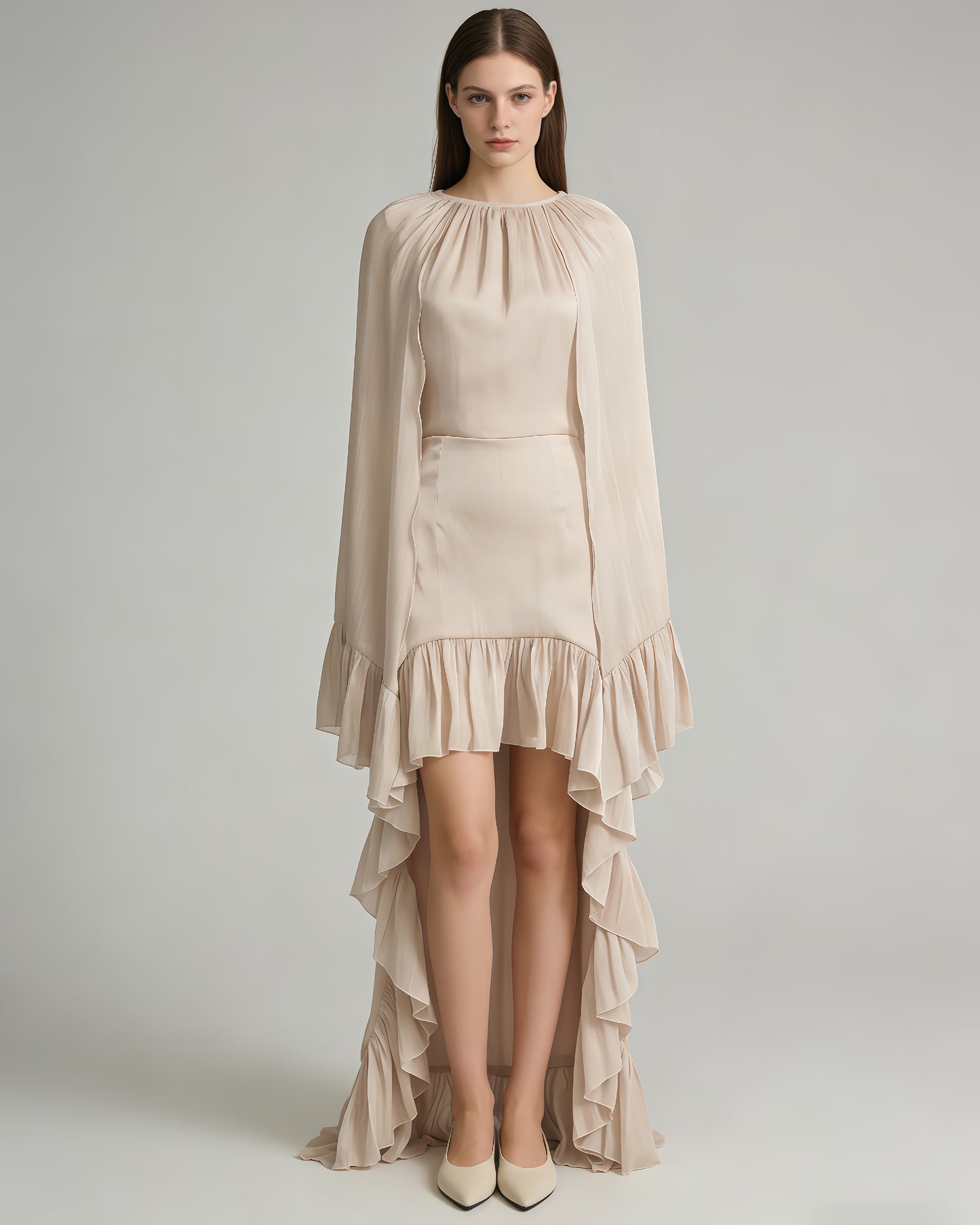 Champagne Cape-Style High-Low Ruffled Gown