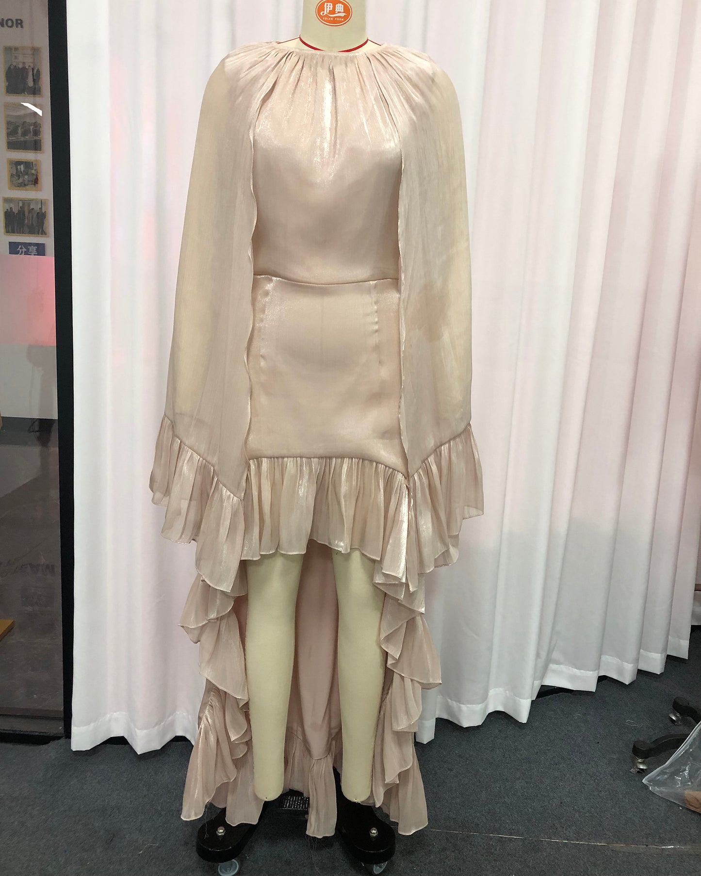 Champagne Cape-Style High-Low Ruffled Gown