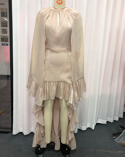Champagne Cape-Style High-Low Ruffled Gown