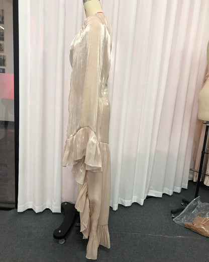 Champagne Cape-Style High-Low Ruffled Gown