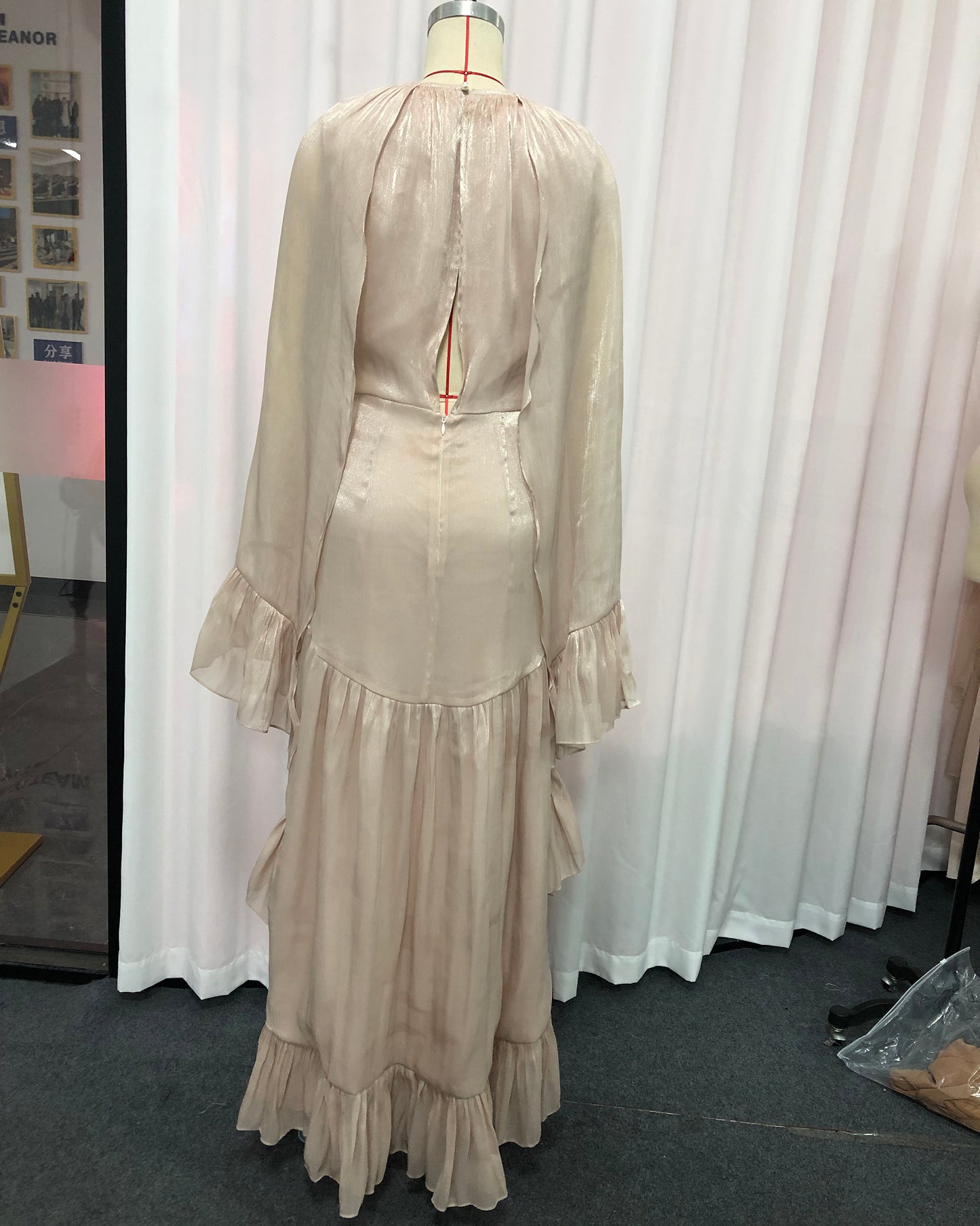 Champagne Cape-Style High-Low Ruffled Gown