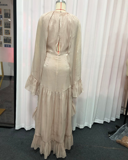 Champagne Cape-Style High-Low Ruffled Gown
