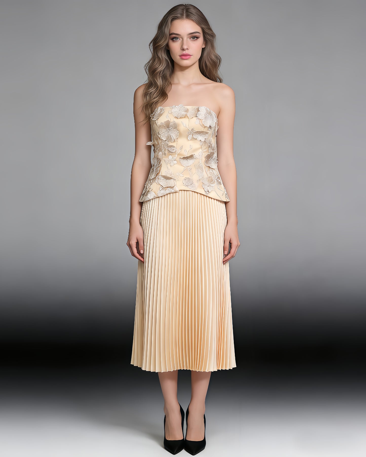 Champagne Lace Bodice & Pleated Skirt Set