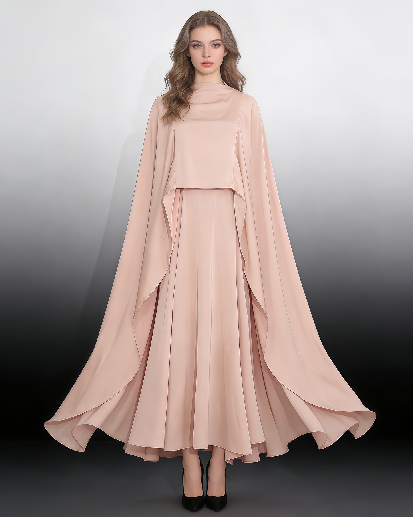 Champagne Satin Cape Maxi Dress