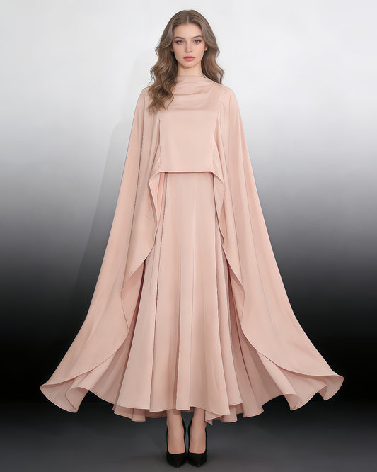 Champagne Satin Cape Maxi Dress