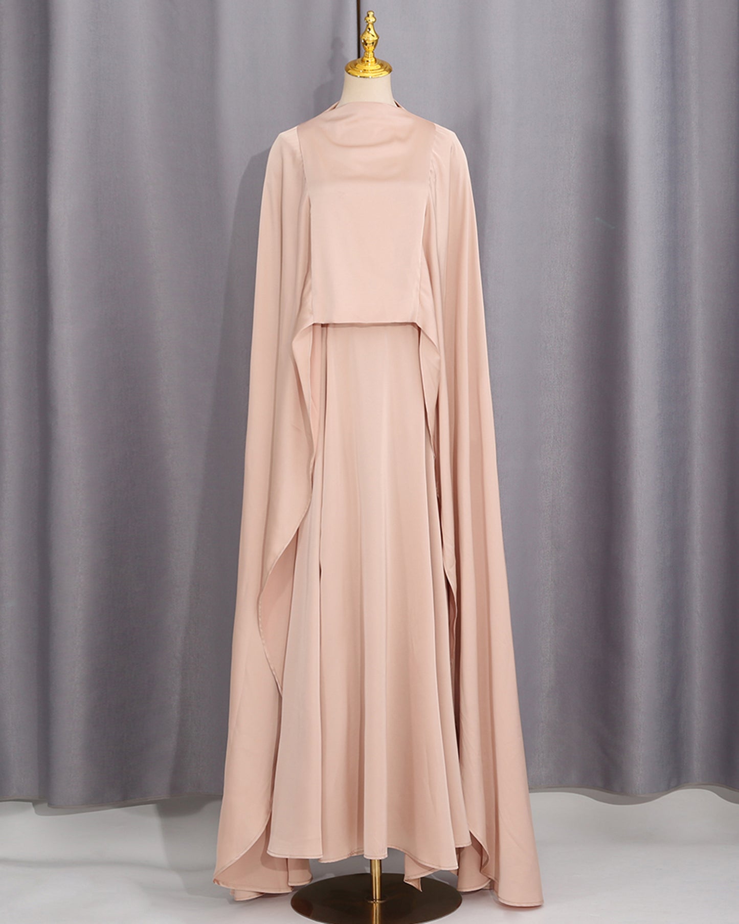 Champagne Satin Cape Maxi Dress