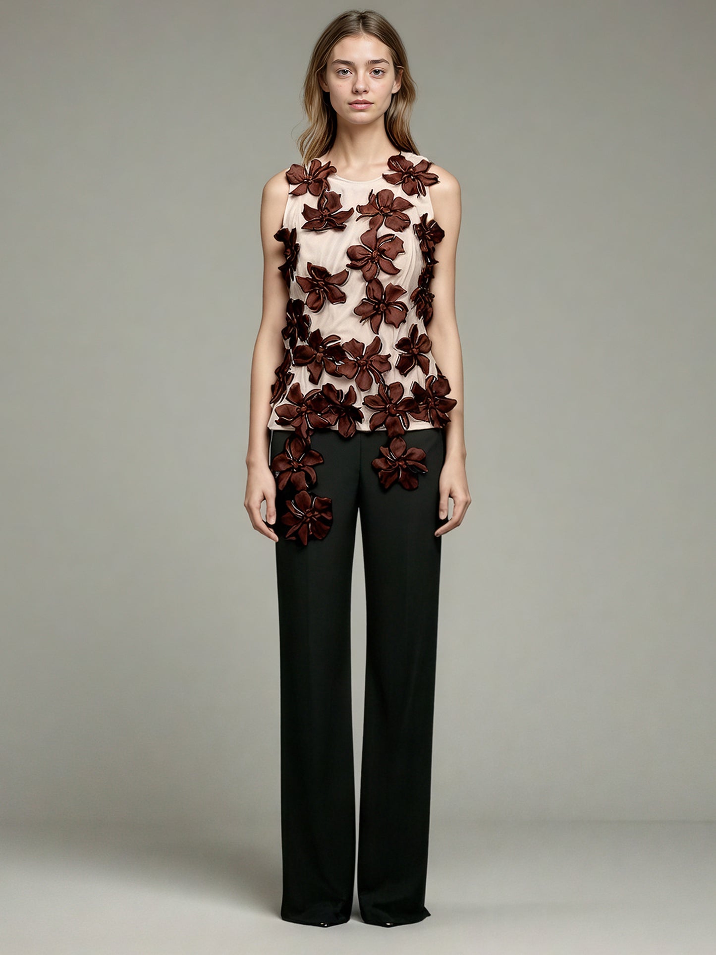 Coffee 3D Floral Appliqué Sleeveless Top
