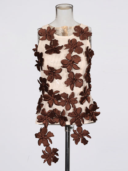Coffee 3D Floral Appliqué Sleeveless Top
