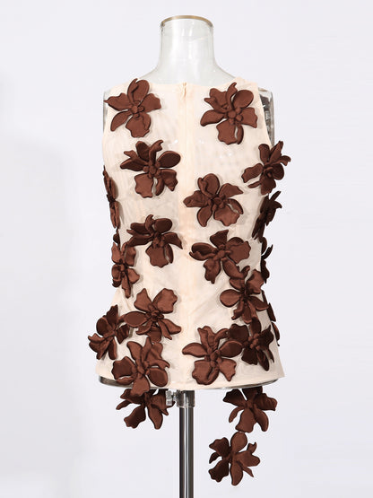 Coffee 3D Floral Appliqué Sleeveless Top