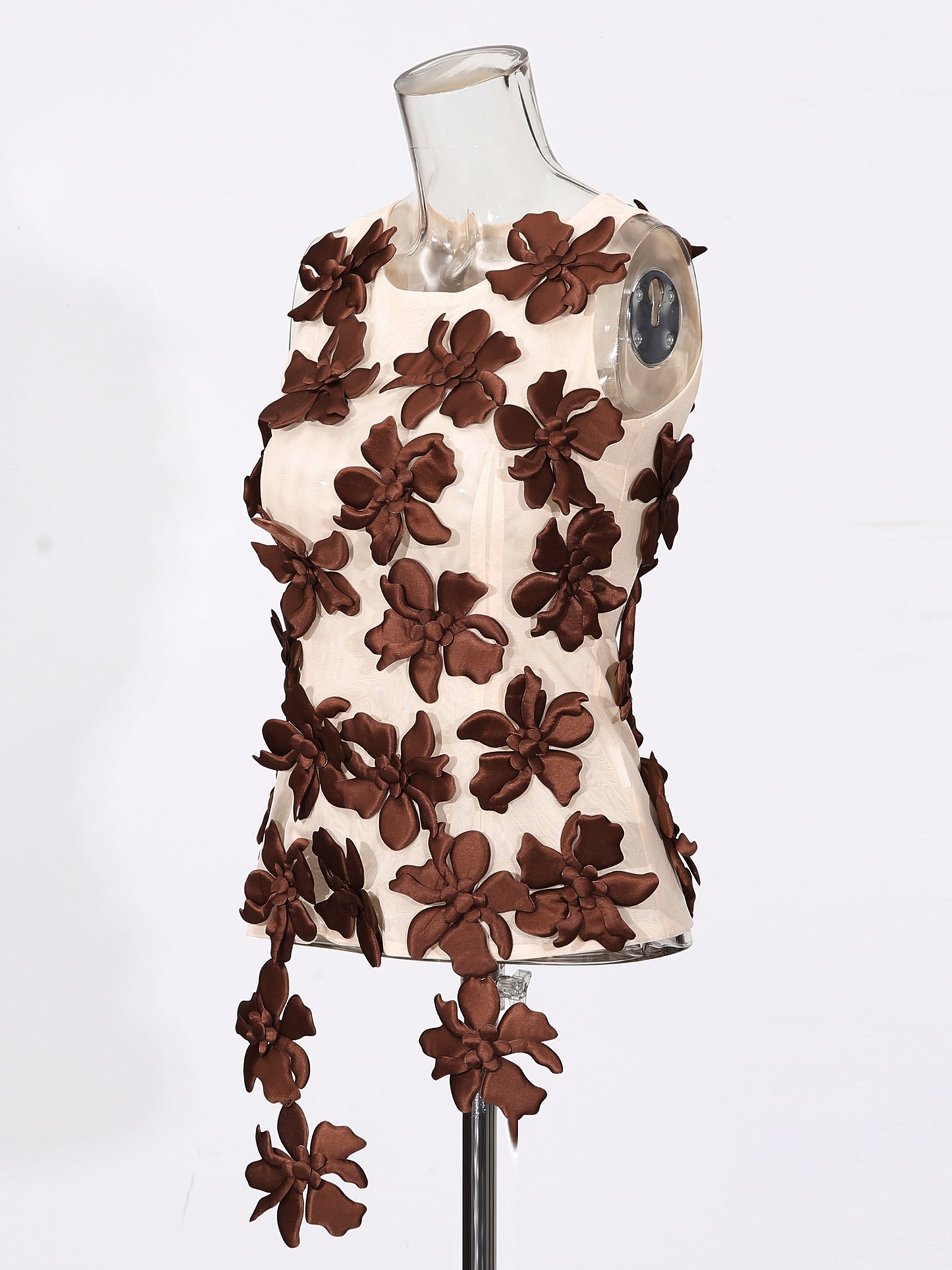 Coffee 3D Floral Appliqué Sleeveless Top