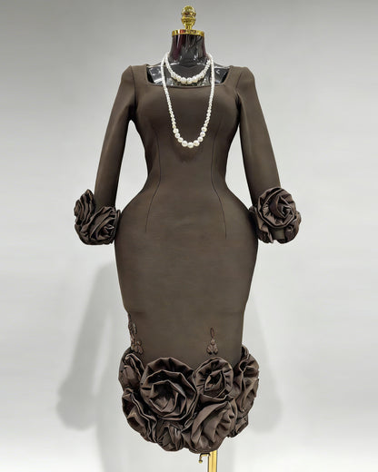 Coffee 3D Rose Floral Fitted Midi Dress