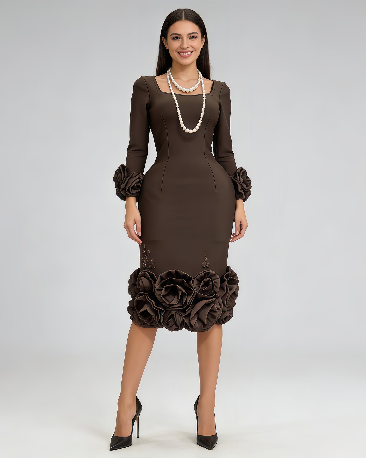 Coffee 3D Rose Floral Fitted Midi Dress