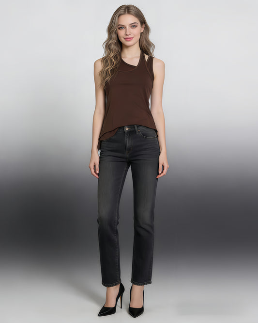 Coffee Asymmetric Cutout Sleeveless Tank Top