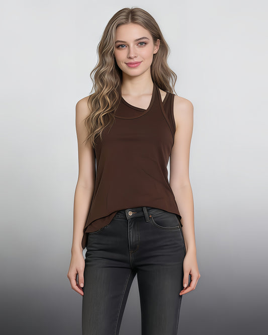 Coffee Asymmetric Cutout Sleeveless Tank Top