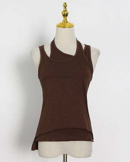 Coffee Asymmetric Cutout Sleeveless Tank Top