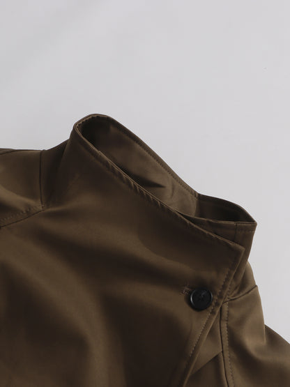 Coffee Asymmetric Long Coat with Stand Collar