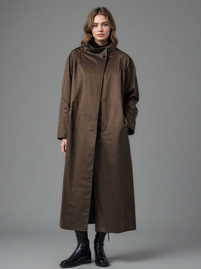 Coffee Asymmetric Long Coat with Stand Collar
